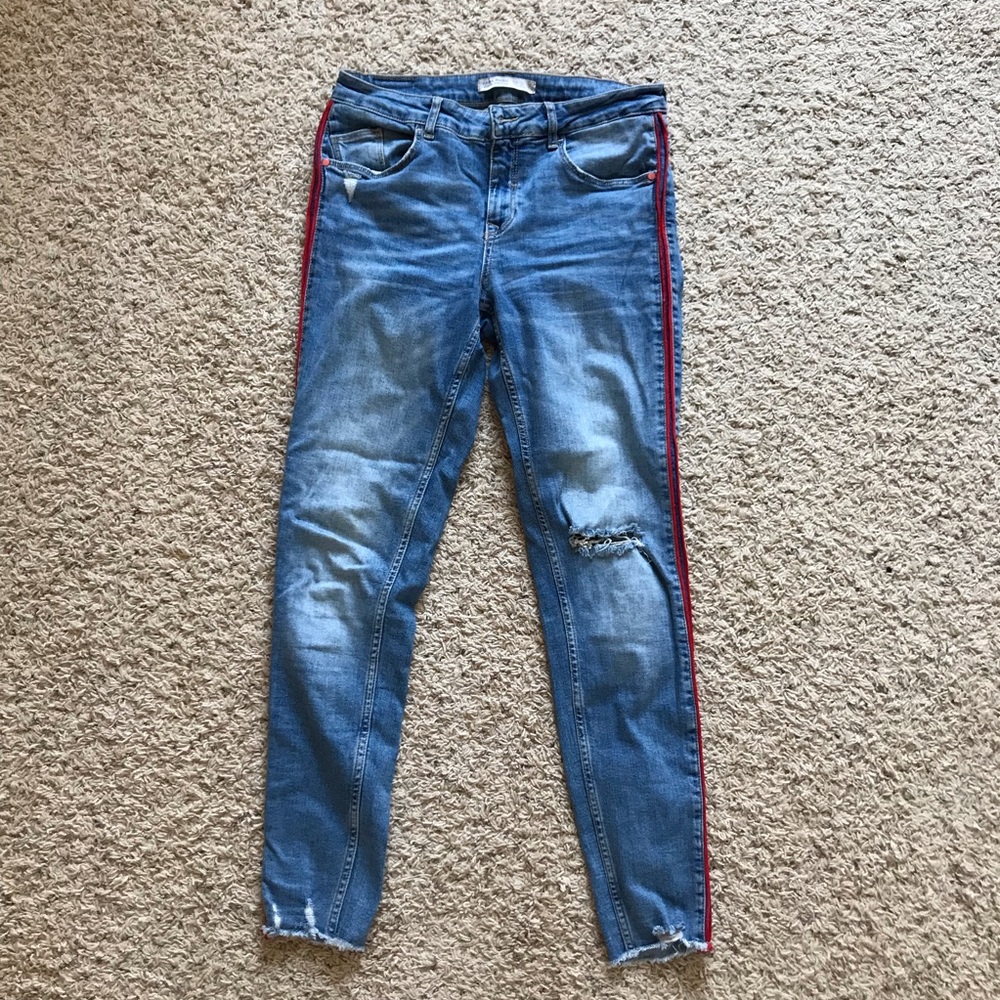 Zara Z1975 Skinny Ankle Jeans w/ Red Stripe Detail